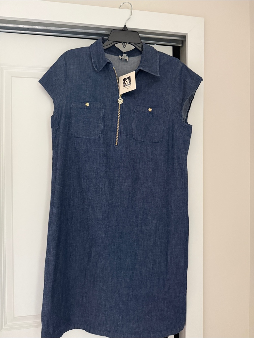 Anne Klein Denim-Style Zip Front Dress in Blue with Gold Accents